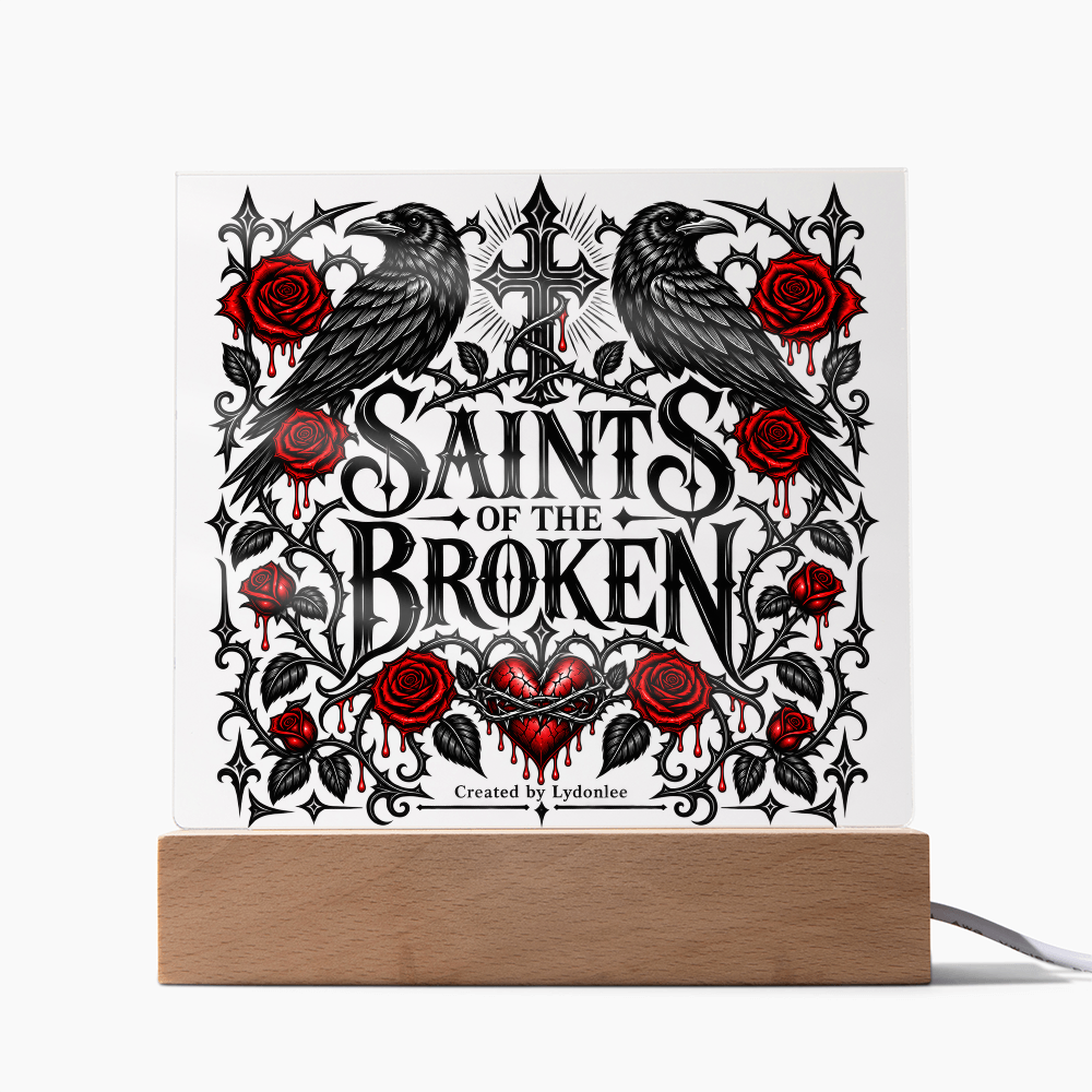 Saints of the Broken™ Gothic Crow & Bleeding Rose LED Acrylic Plaque – Dark Gothic Decor