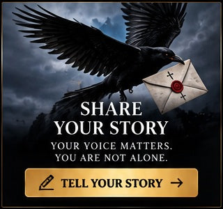 A crow carrying a letter inviting you to share your story with Saints of the Broken