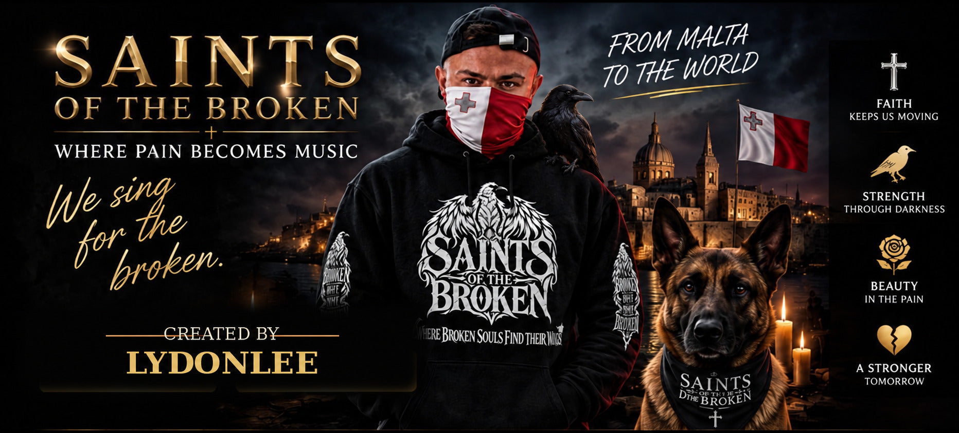 Saints of the Broken hero with a black crow on the shoulder, a dog, and the message We sing for the broken